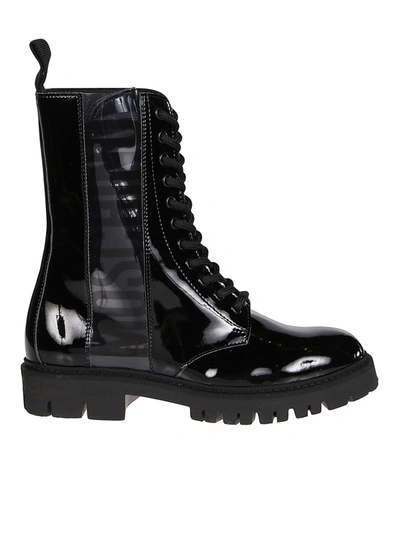 Shop Moschino Logo Band Eco Patent Booties In Black