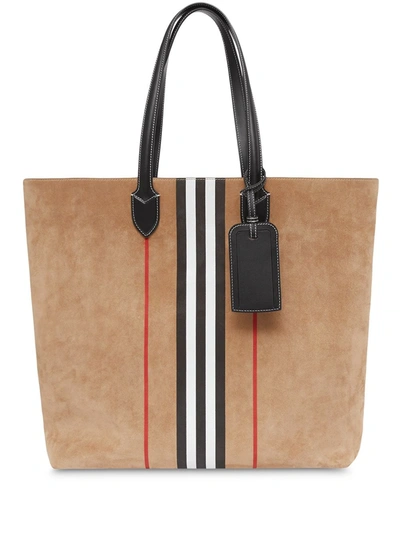 Shop Burberry Large Icon Stripe Tote Bag In Brown