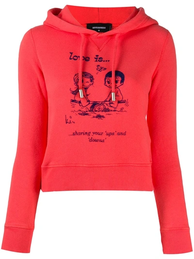 Shop Dsquared2 Cropped Slogan Hooded Sweatshirt In Red
