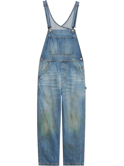 Shop Gucci Distressed Straight-leg Denim Dungarees In Blue