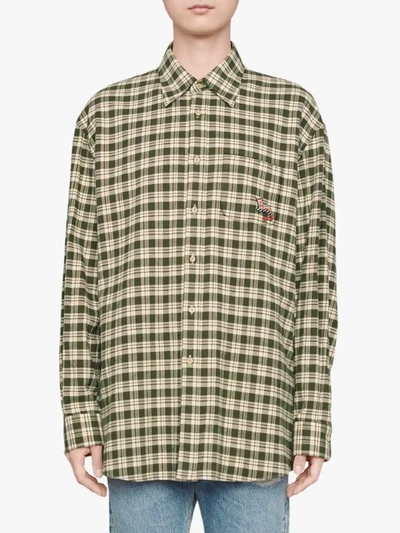 Shop Gucci Cat-patch Checked Shirt In Green