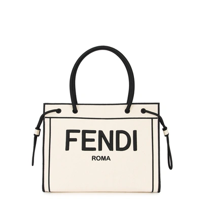 Shop Fendi Roma Medium Logo-embroidered Canvas Tote In Beige