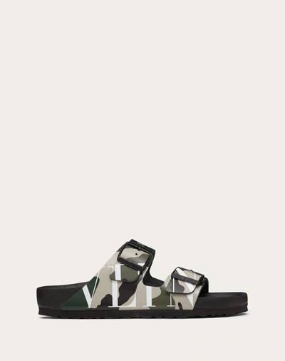 Shop Valentino Garavani Vltn Camouflage Slide Sandal Designed In Collaboration With Birkenstock In Military Green/poudre