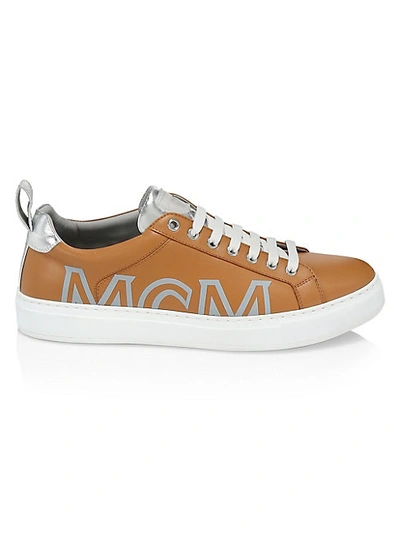 Shop Mcm Leather Logo Platform Sneakers In Cognac