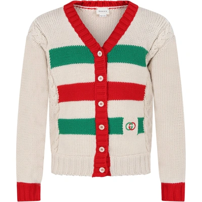 Shop Gucci Ivory Cardigan For Kids With Double Gg