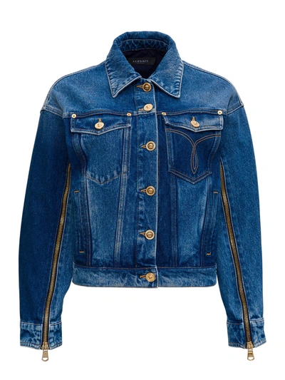 Shop Versace Denim Jacket With Back Logo In Blu