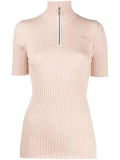 Shop Courrèges Half-zip Ribbed Top In Pink