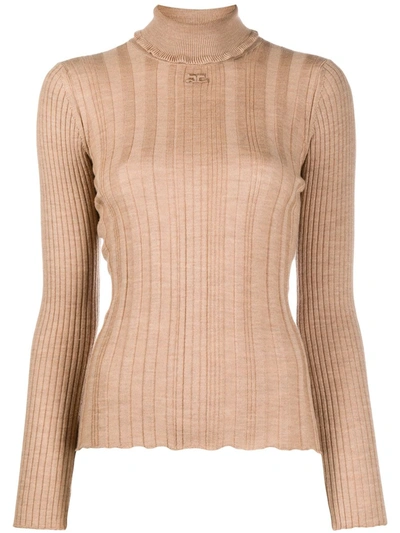 Shop Courrèges Ruffle Roll-neck Ribbed Sweater In Brown