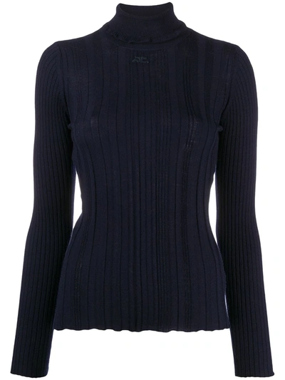 Shop Courrèges Ruffle Roll-neck Ribbed Sweater In Blue