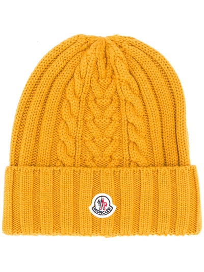 Shop Moncler Logo Patch Knitted Beanie In Yellow