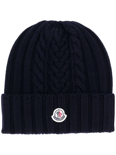 Shop Moncler Logo Patch Knitted Beanie In Blue