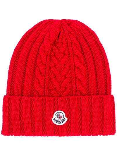 Shop Moncler Logo Patch Knitted Beanie In Red