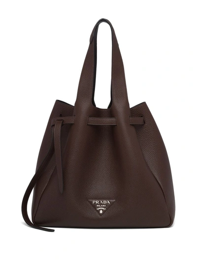 Shop Prada Logo Plaque Tote Bag In Brown