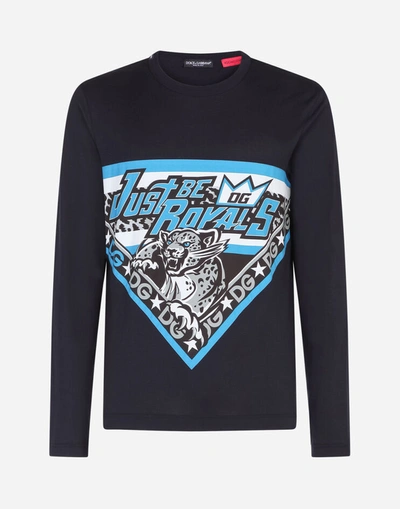 Shop Dolce & Gabbana Long-sleeved Cotton T-shirt With Leopard Print In Azure