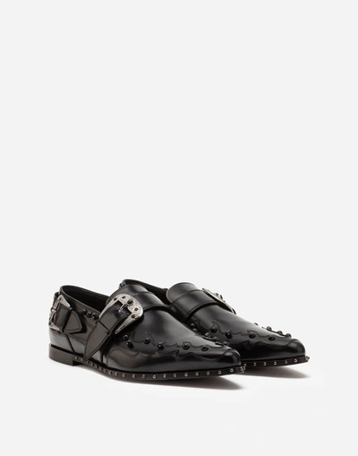 Shop Dolce & Gabbana Slippers In Star Calfskin With Stone Embroidery In Black