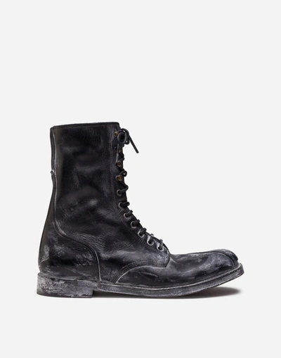 Shop Dolce & Gabbana Vintage-look Calfskin Lace-up Ankle Boots In Black