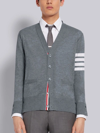 Thom Browne V-neck Cardigan With 4-bar Stripe In Medium Grey Merino In Grey