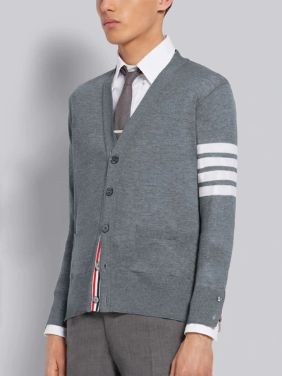 Thom Browne V-neck Cardigan With 4-bar Stripe In Medium Grey Merino In Grey