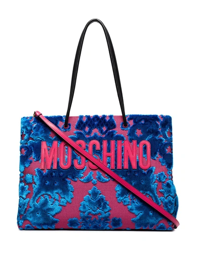 Shop Moschino Logo-print Velvet Tote Bag In Blue