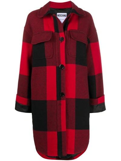 Shop Moschino Check Shirt Coat In Red