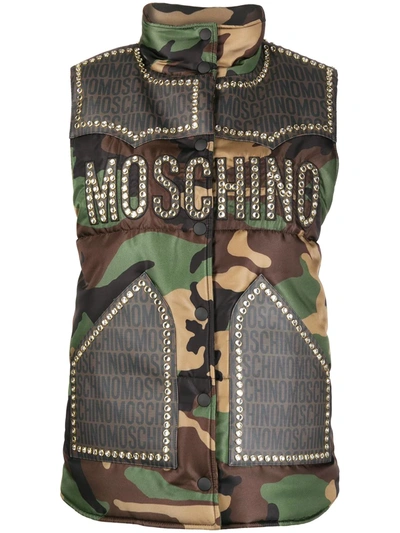 Shop Moschino Studded Camouflage-print Gilet In Green