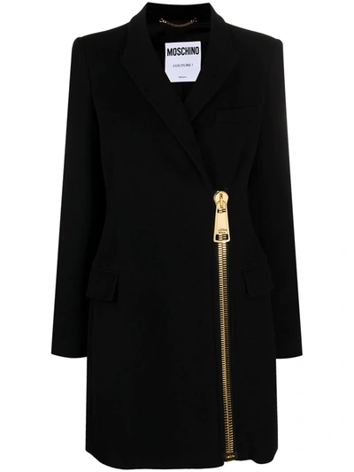 Shop Moschino Exposed Zip Coat In Black