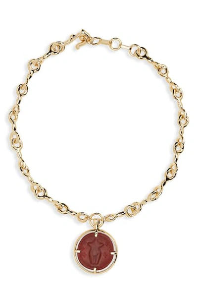 Shop Chloé Elis Carnelian Medallion Necklace In Brass/cornelian