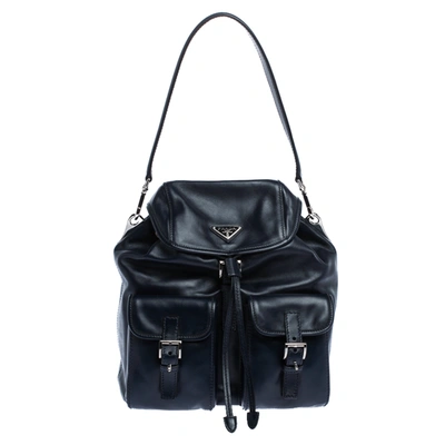 Pre-owned Prada Navy Blue Leather Double Pocket Drawstring Shoulder Bag