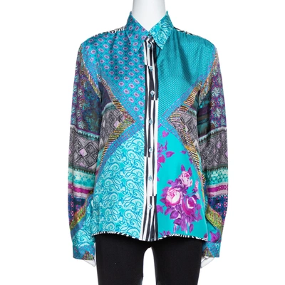 Pre-owned Etro Teal Blue Floral Print Silk Long Sleeve Shirt M