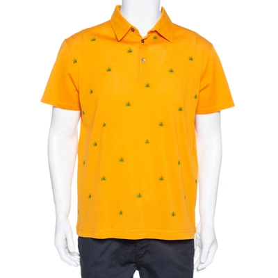 Pre-owned Etro Honey Orange Leaf Embroidered Cotton Polo T-shirt Xl