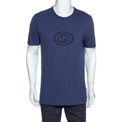 Pre-owned Gucci Navy Blue Logo Print Cotton Crew Neck T-shirt Xxl