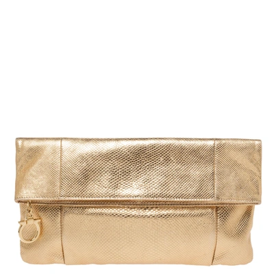 Pre-owned Ferragamo Gold Snakeskin Embossed Leather Fold Over Clutch