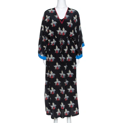 Pre-owned Fendi Black Orchid Print Silk Oversized Maxi Kaftan S