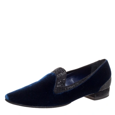 Pre-owned René Caovilla Ren&eacute; Caovilla Navy Blue Velvet Crystal Embellished Smoking Slippers Size 35