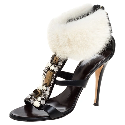 Pre-owned Giuseppe Zanotti Black Jewel Embellished Leather Fur Trim Sandals Size 36.5