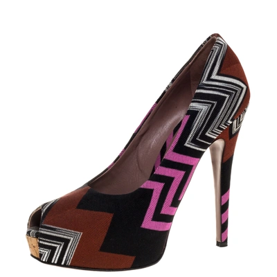 Pre-owned Missoni Multicolor Zigzag Fabric Platform Peep Toe Pumps Size 38