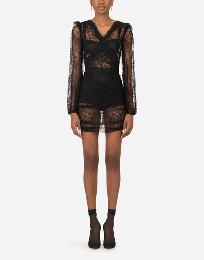 Shop Dolce & Gabbana Galloon Lace Mini Dress With Draped Detailing In Black