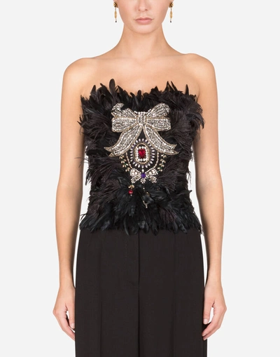 Shop Dolce & Gabbana Feather Bustier With Crystal Rhinestone Decoration In Black