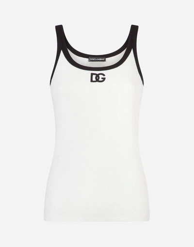 Shop Dolce & Gabbana Jersey Tank Top With Dg Logo In White/black