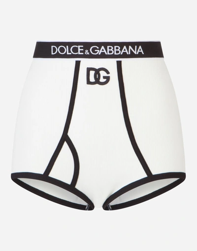 Shop Dolce & Gabbana Jersey High-waisted Panties With Dg Logo In White/black