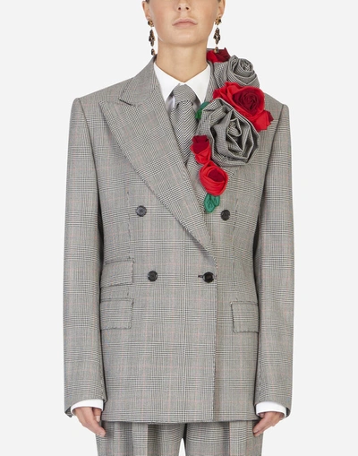 Shop Dolce & Gabbana Masculine Glen Plaid Jacket With Rose Appliqués