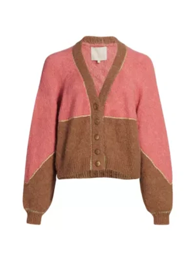Shop Bytimo Golden Knit Colorblock Cardigan In Camel Pink Combo