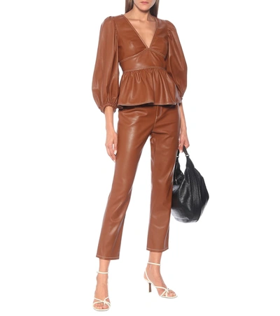 Shop Staud Luna Faux Leather Blouse In Brown