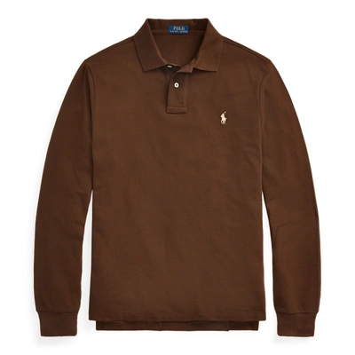 Shop Polo Ralph Lauren Mesh Long-sleeve Polo Shirt In Cooper Brown/cream