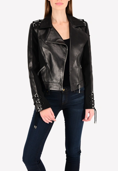 Shop Mugler Leather Biker Jacket With Stretch-knit Panels And Lace-up Trims In Black
