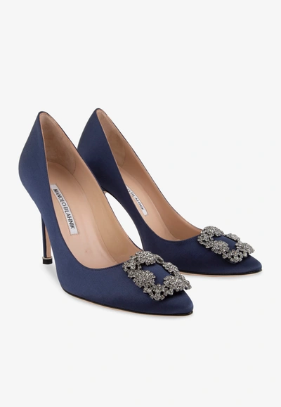 Shop Manolo Blahnik Hangisi 105 Satin Pumps With Fmc Crystal-embellished Buckle In Blue