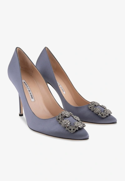 Shop Manolo Blahnik Hangisi 105 Satin Pumps With Fmc Crystal-embellished Buckle In Blue