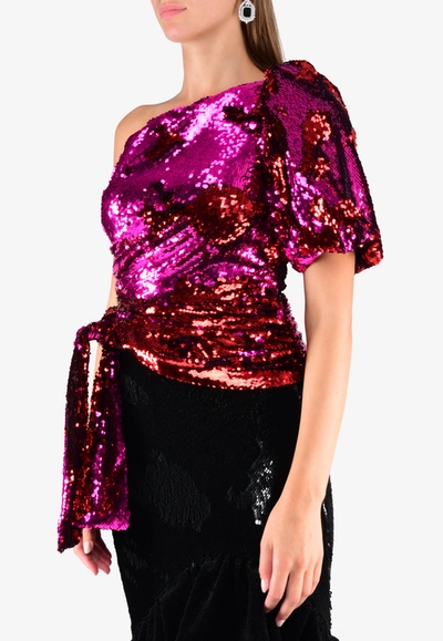 Shop Rachel Gilbert Addie Sequined One-shoulder Top With Side Tie-up In Pink