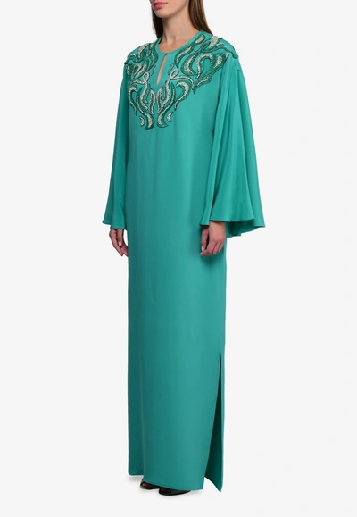 Shop Emilio Pucci Silk Embellished Kaftan With Flared Sleeves In Green