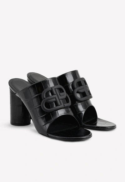 Shop Balenciaga Oval Bb Mule Sandals In Croc-print Matte Calfskin In Black